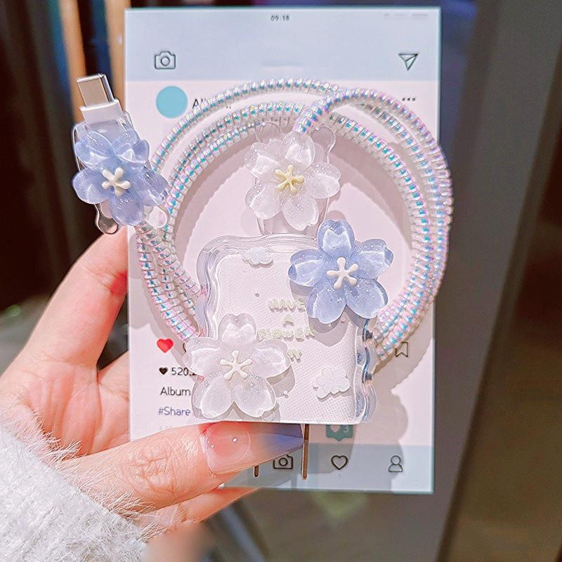 Flower Transparent Usb 20W Phone Charger Protective Case With Cable Winder Cover For Iphone Power Adapter Protector