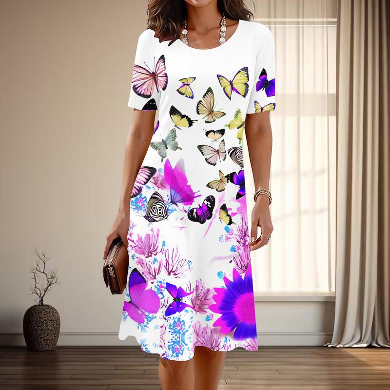 Rochii casual cu mâneci scurte, cu decolteu O, cu imprimeu cu fluturi grațios, la modă pentru femei