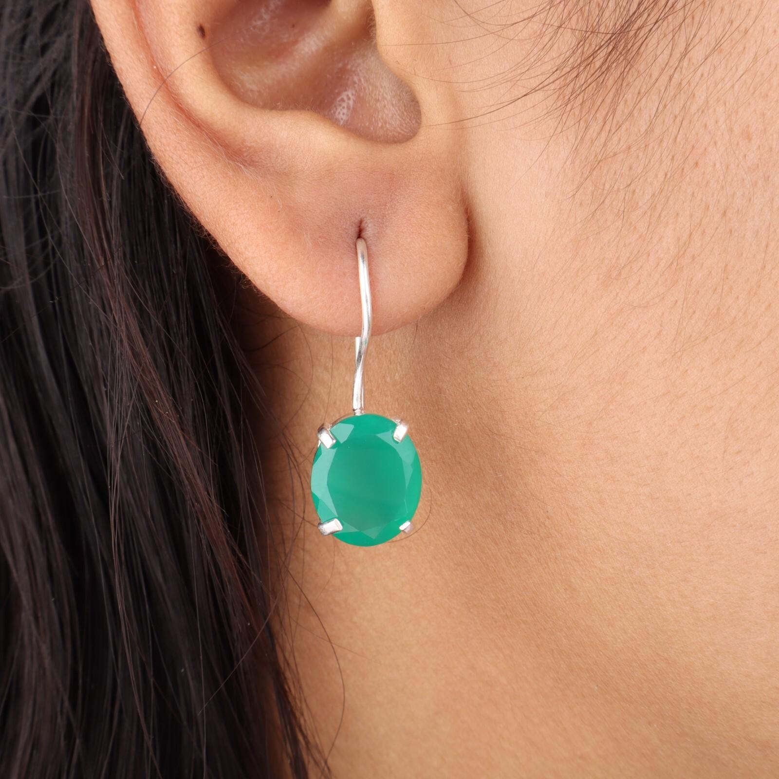 

Натуральный зеленый оникс драгоценный камень 925 стерлинговое серебро ручной работы серьги 1,05 для подарка EE-173-20