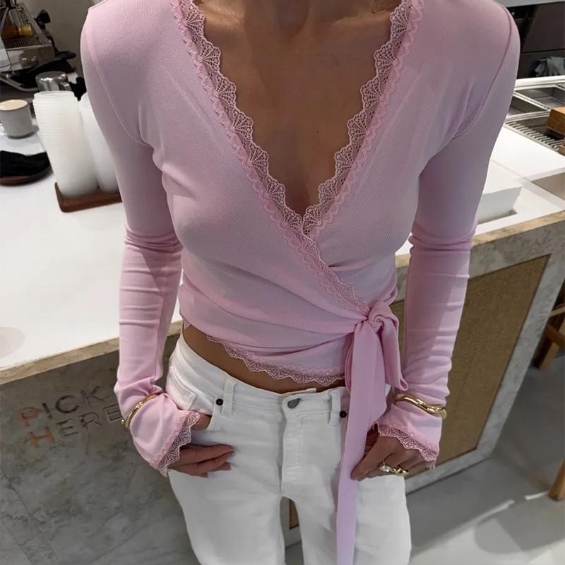 Casual Lace T-Shirts Women 2026 Summer V-Neck Sexy Slim Flare Long Sleeve Lace Up T-Shirt Female Commuting Fashion Tops Tee