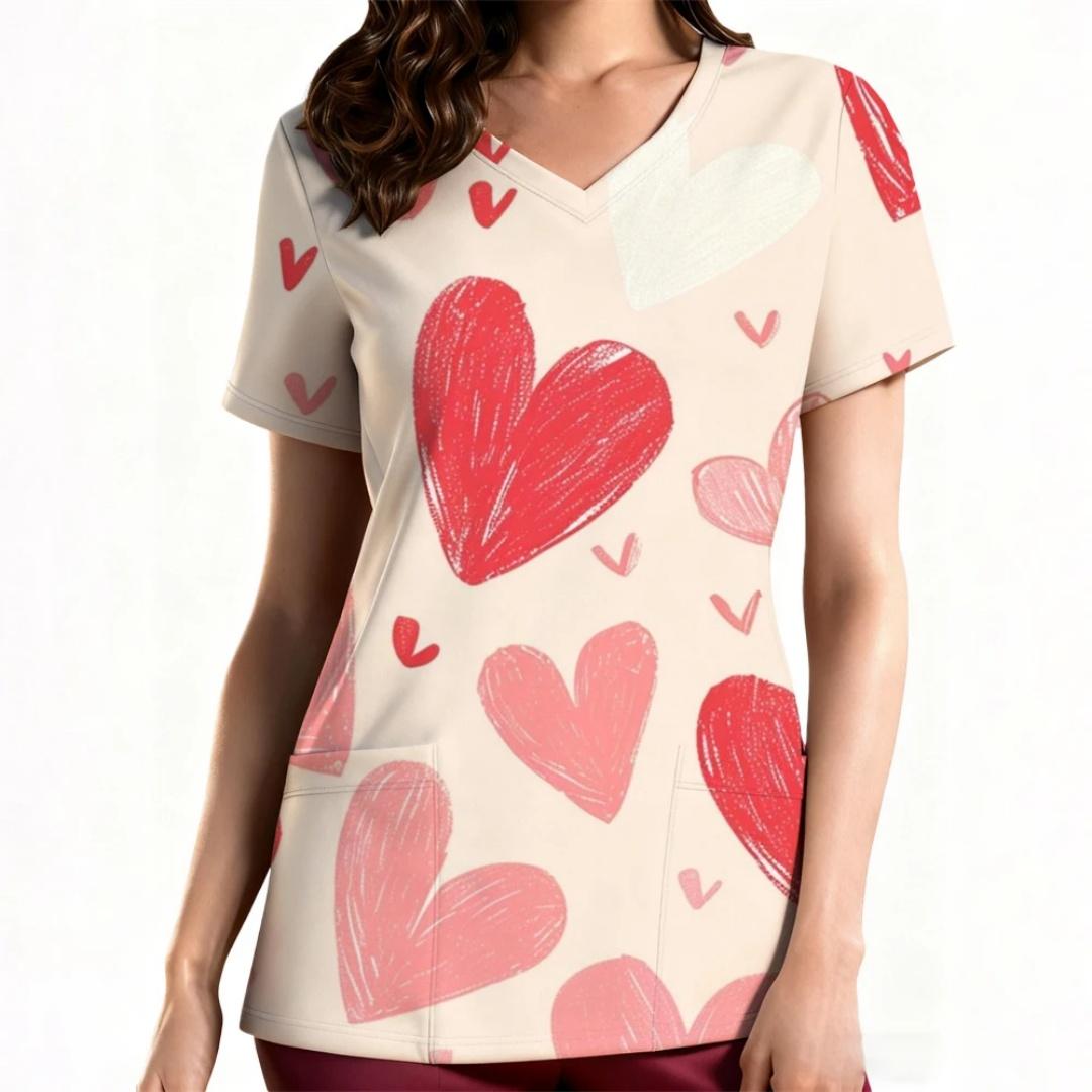 

Simple Love Valentine s Day Theme 3D Printed V-Neck Women s Nurse Uniform Fashionable Daily Casual Comfortable Women s Top S