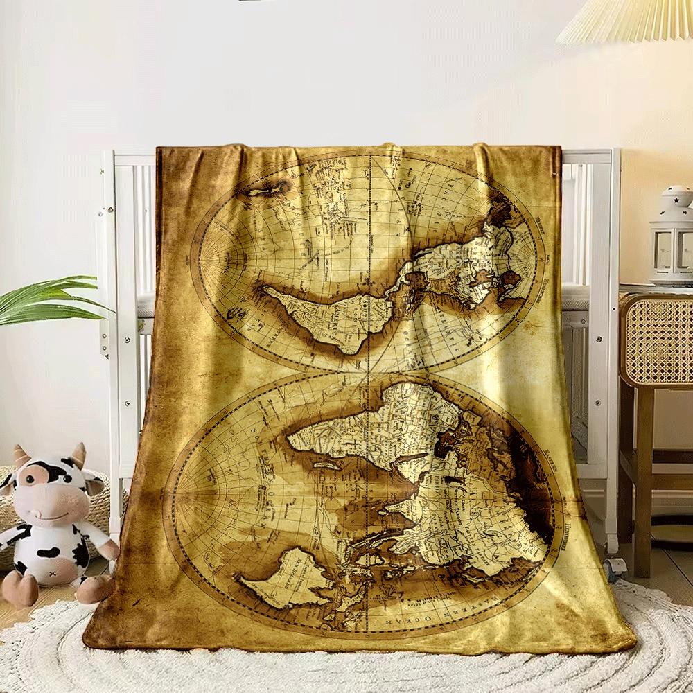 Two circular sepia-toned world maps with vintage geographic details. for all seasons blanket lunch break throw gift