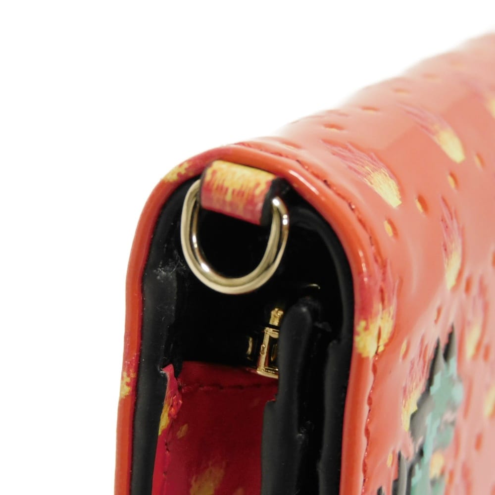 Used 10656 Dragon & Fire Compact Wallet 7941 Patent Embossed Multicolor Logo Charm Orange Red Unisex from Japan