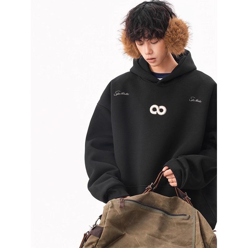 Heavyweight Unisex Hong Kong Style Embroidered Hoodie - Loose, Fleece-Lined, Autumn/Winter Fashion 2XL