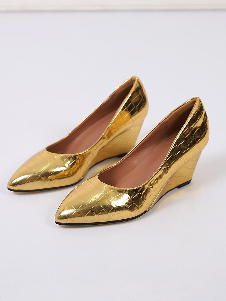 Women Slope Heel Single Shoes Pointed Toe Shallow Mouth High Heeled Work Shoes Silver Comfort Dress