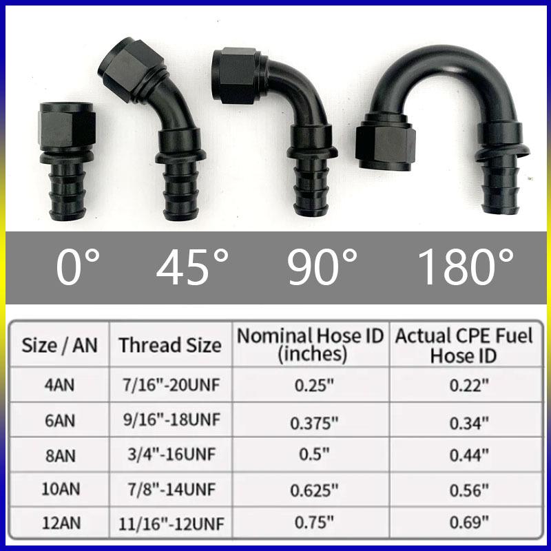 2Pcs Push-on Hose End Fittings AN4 AN6 AN8 AN10 AN12 Fuel Oil Cooler Hose Fitting 0 45 90 180 Degree Reusable Connection Adapter