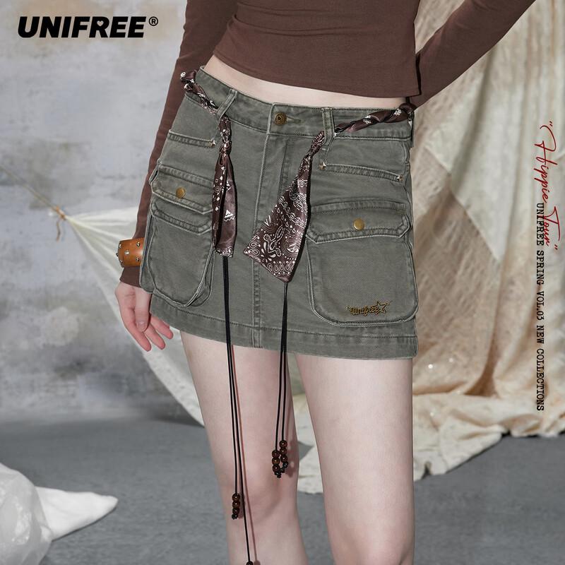 UNIFREE Retro Workwear Multi-Pocket Washed A-Line Skirt M