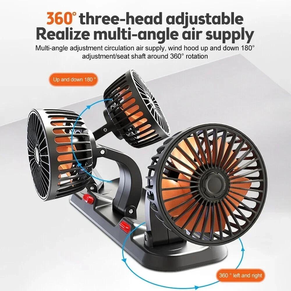 Car Fan Three-Head Automotive Electric Fan USB/12V/24V Fan 2 Speeds Car Silent Fan for Truck Car SUV RV Tent Auto Vehicles