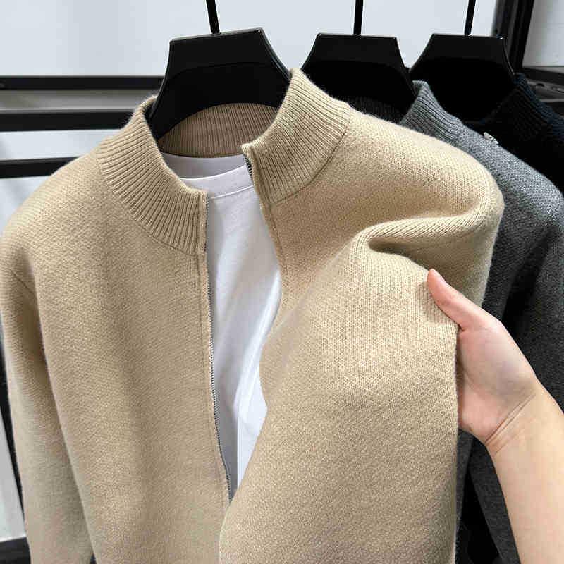 

Men s Versatile Solid Color Thickened Knit Cardigan Sweater with Stand Collar and Zipper for Spring and Autumn Large брудно-білий