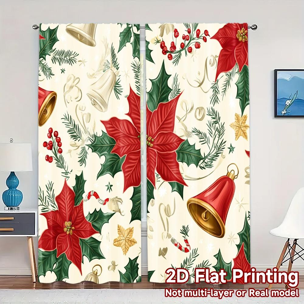 

2pcs,Curtains Christmas Bells Poinsettia Holly (2) Popular Curtain Fabric Versatile Durable Polyester Curtains Versatile All Use 52.50×116.00 CM 2pcs
