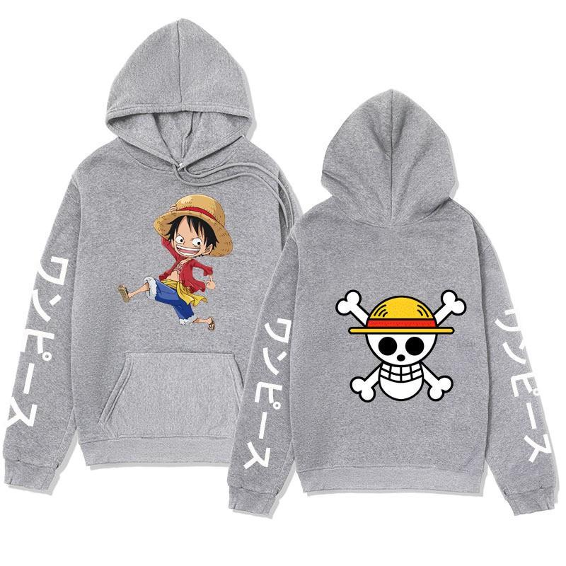 Mens One Piece Luffy Printed Hoodie Streetwear Anime Sweatshirt Winter Fleece Lined Oversized Pullover