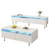 Ensemble de meubles modernes: Meuble TV et Table Basse à Quatre Portes avec Deux Tiroirs - Blanc avec Design Doré, Éclairage LED, Structure Ondulée et Façades en Acrylique