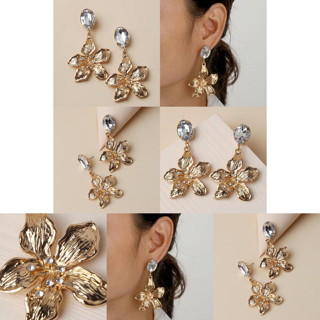 Gold Tone Floral Earrings With Sparkling Stones For Womens Office Wedding And Festive Wear