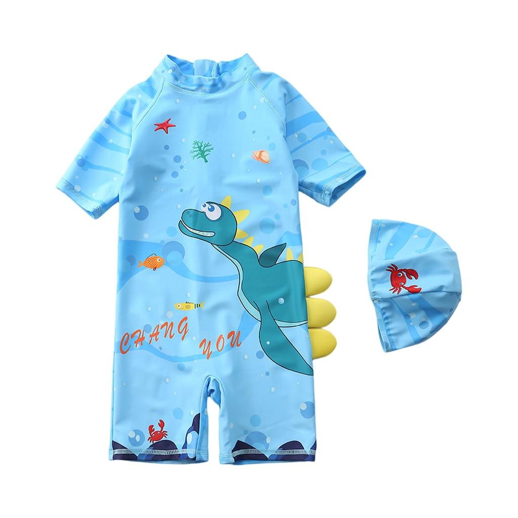 Boys Short Sleeve Hooded One-Piece Swimsuit Cartoon Dinosaur Print Beach Swimwear Summer Kids Swim Shirt with Matching Swim Cap
