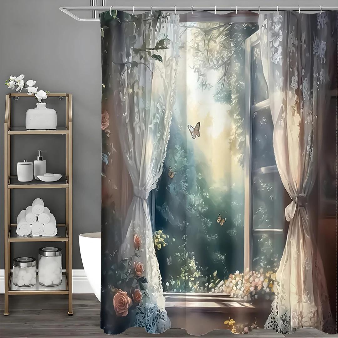 

Oil Painting Spring Scene Window Natural Floral Rustic Farmhouse Landscape Shower Curtain, Bathroom Decorative Shower Curtain, W W60H190(CM)-1 Pcs
