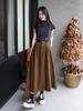 Versatile Washed Cotton Midi Skirt - High Waist, Solid Color, Double Pockets, Slimming A-line for Women, Early Autumn.
