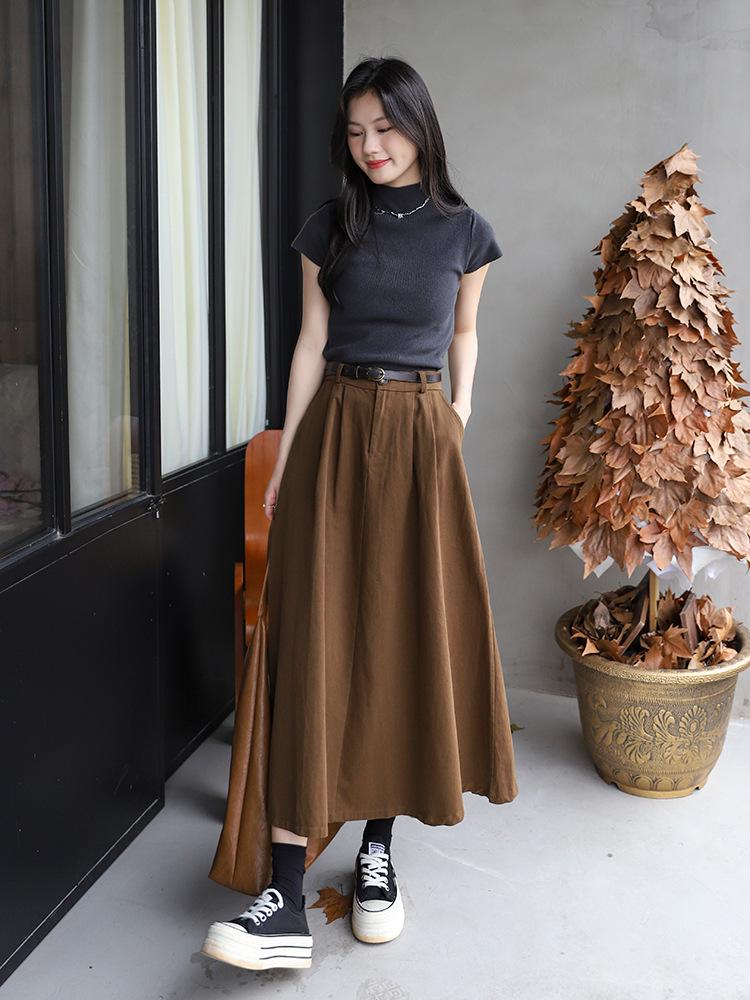 Versatile Washed Cotton Midi Skirt - High Waist, Solid Color, Double Pockets, Slimming A-line for Women, Early Autumn.