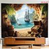 Pirate Cave Tapestry with Treasure Chest Ship Beach and Golden Coins 180x280cm Wall Decor Aesthetic Room Decor