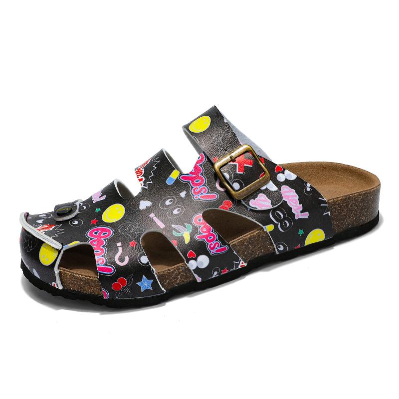 Men Fashion Cork Slippers Print Slides Slip On Sandals Summer Casual Shoes Microfiber Leather