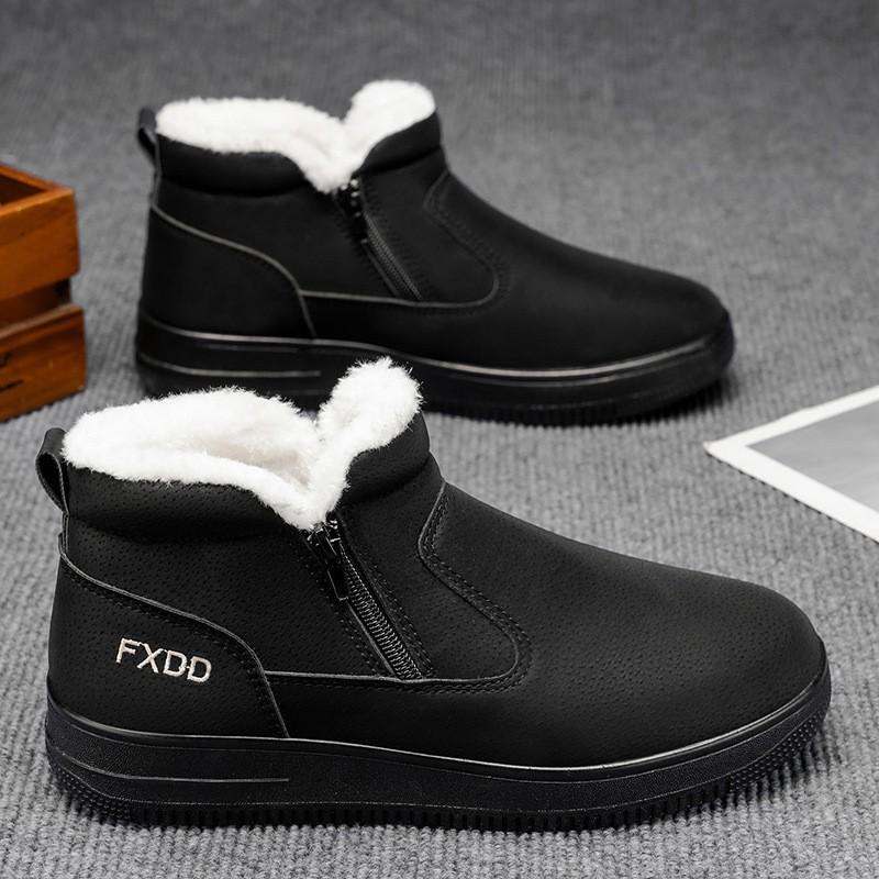 Mens Winter Warm Snow Boots Slip-On High Top Fur-Lined Cotton Shoes Non-Slip PVC Sole Round Toe Casual