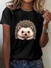 Women's Cute Hedgehog Pattern T-Shirt Black Casual Round Neck Short Sleeve Top Spring Summer Soft Comfortable Women's Clothing