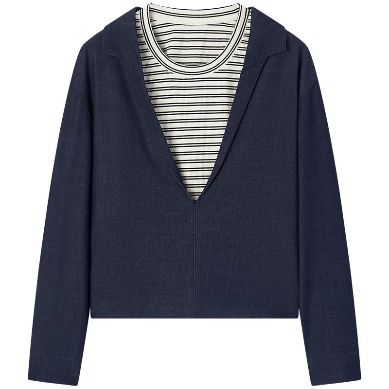 EICHITOO Women s Classic Faux Two-Piece Denim Look Striped Shirt M