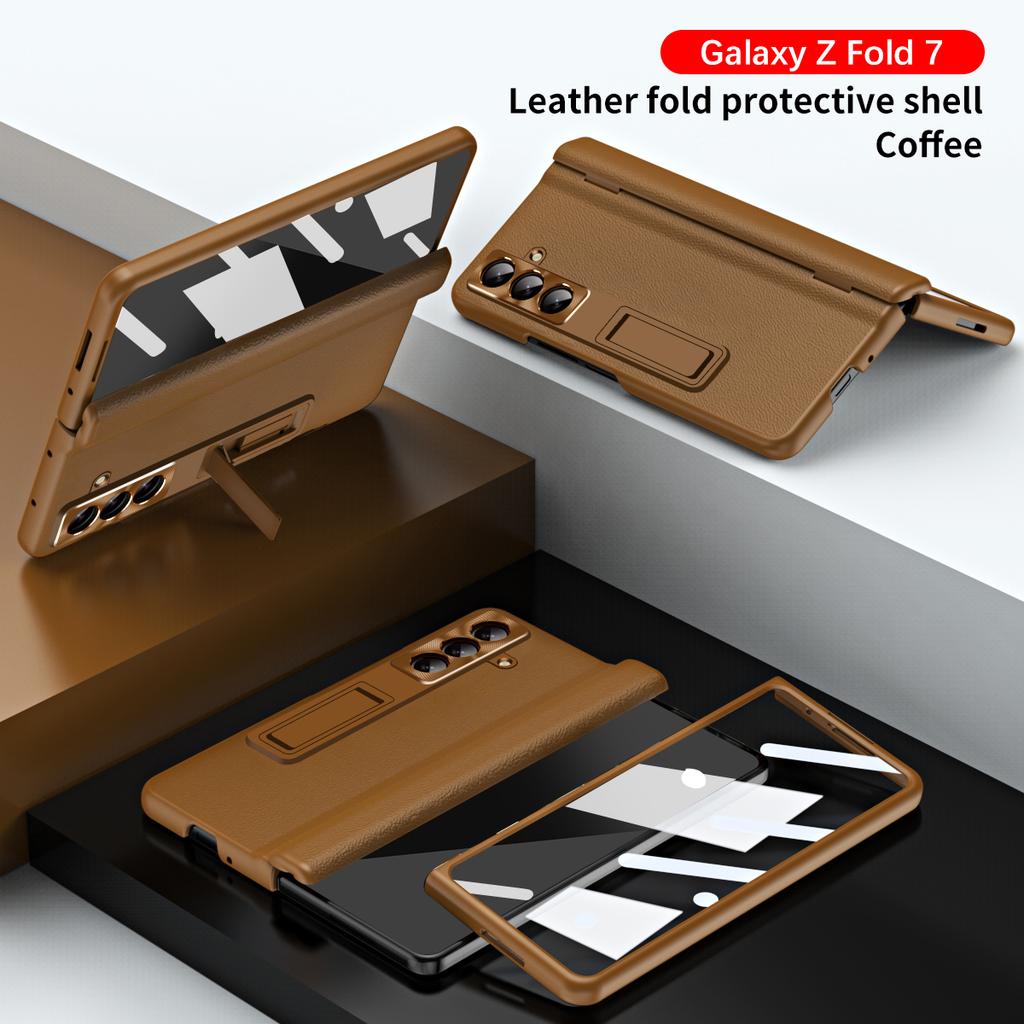Leather Phone Case for Samsung Galaxy Z Fold 7 6 5 4 3 Fold7 Fold6 Fold5 Magnetic Hinge Stand Back Cover with Mirror Film YYC006
