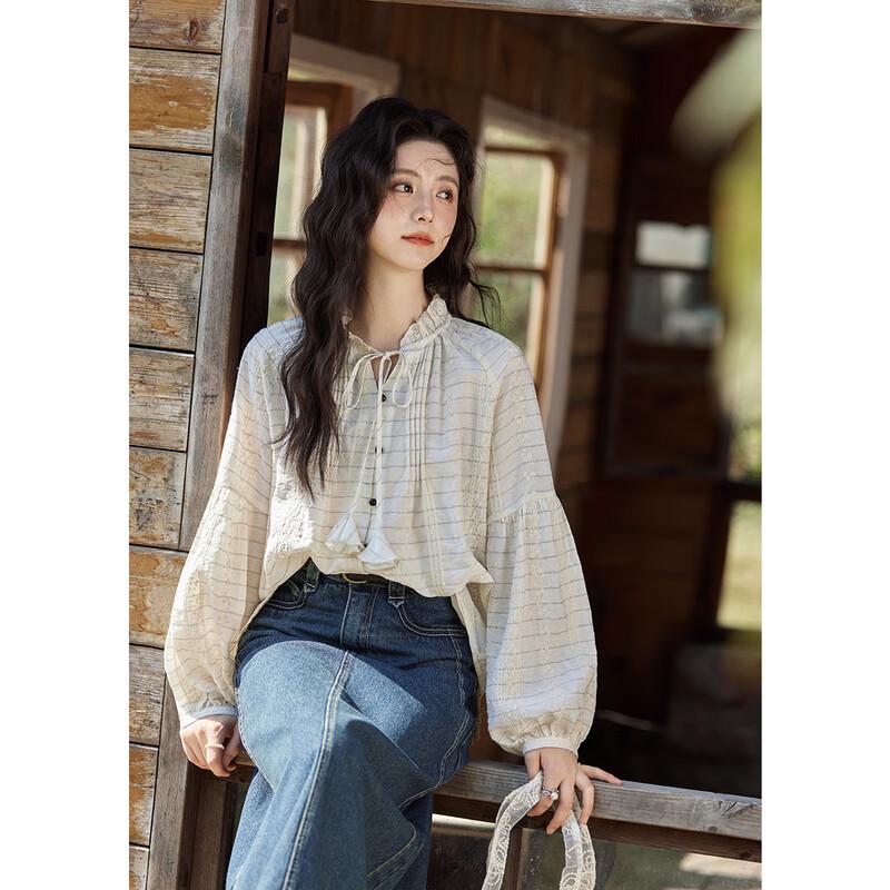 Women s Retro Embroidered Ruffle Chiffon Blouse M