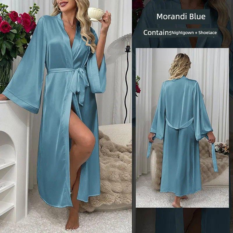 

2025 New Arrival Fashion Wind Plus Size Sexy Nightgown/Loose Lace Bathrobe/Travel Robe/Private Home Clothes Morandi Blue L