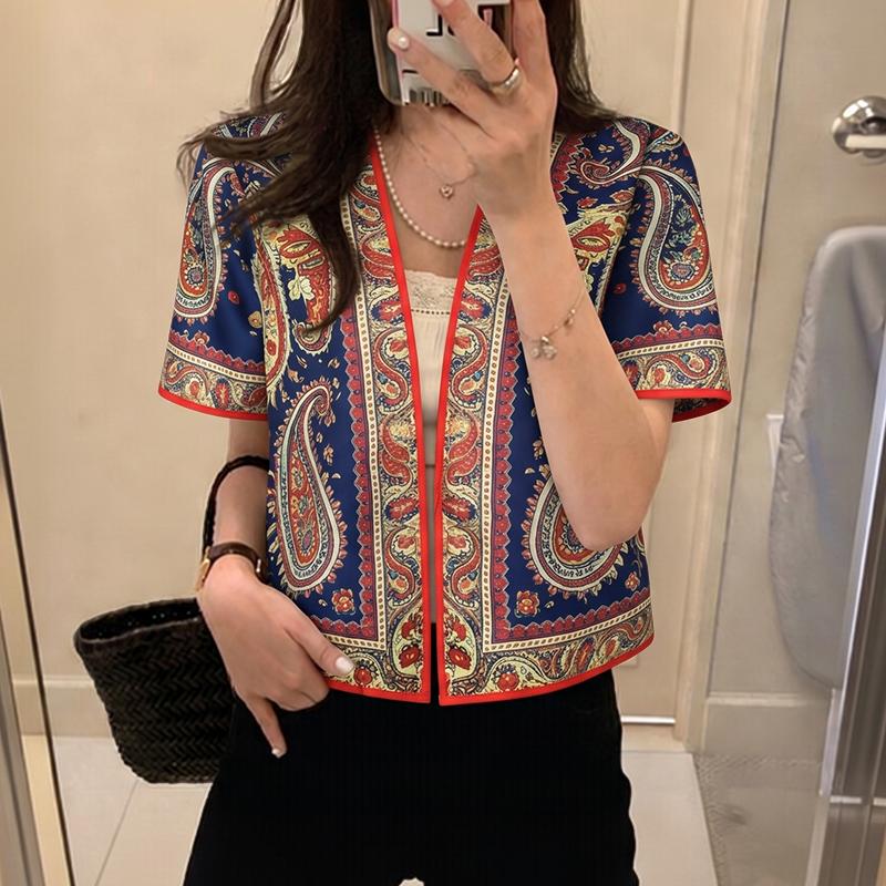 ZANZEA Women Ethnic Print Casual V-Neck Short Sleeve Cardigan Blouse S темно-синий
