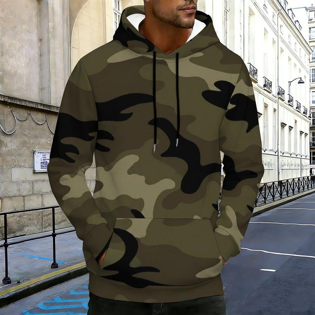 Men Plus Size Beige Printed Hoodie Long Sleeve Drawstring Pullover With Kangaroo Pocket