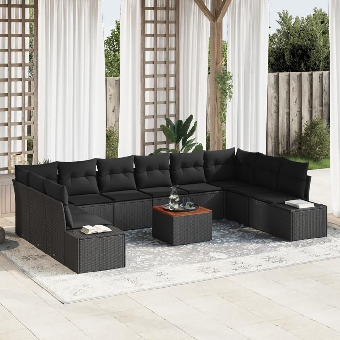 VidaXL Ensemble de canapé de jardin 11 pièces avec coussins Noir Poly Rotin Acacia 3356679