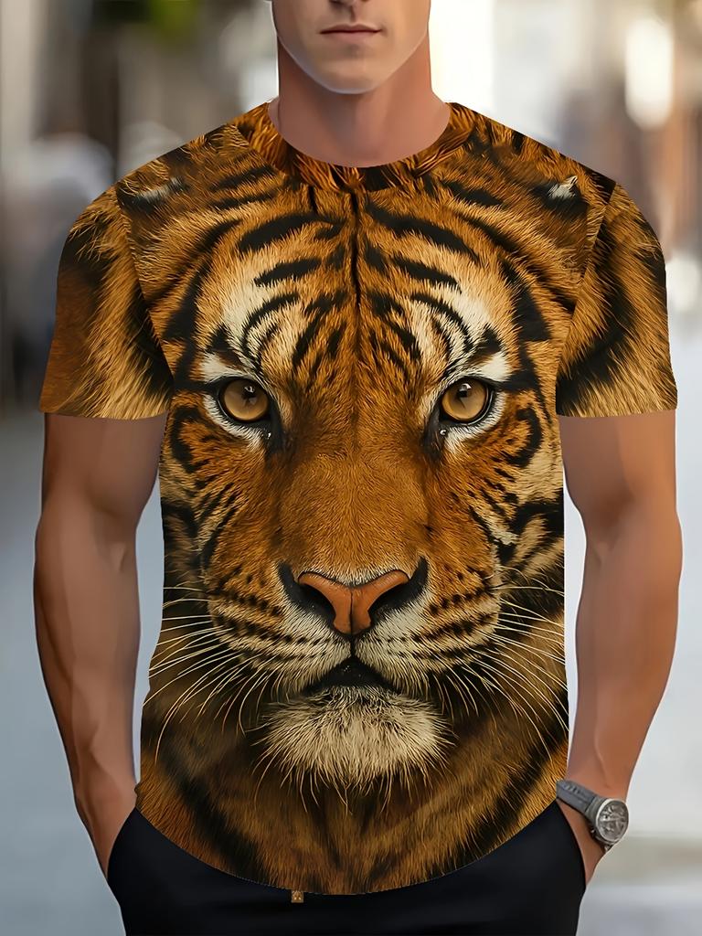 Herren 3D Tiger bedrucktes Kurzarm Rundhals T-Shirt Atmungsaktiv Stretch Lässig Mode T-Shirt Outdoor Party Wochenendbekleidung Tops