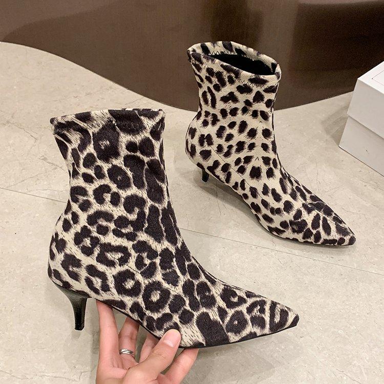 Toe Stiletto Pointed Ankle Boots Fashion Boots Spring Autumn Print Leopard Side Zipper Large Size Mid Heel Ankle Boot Women
