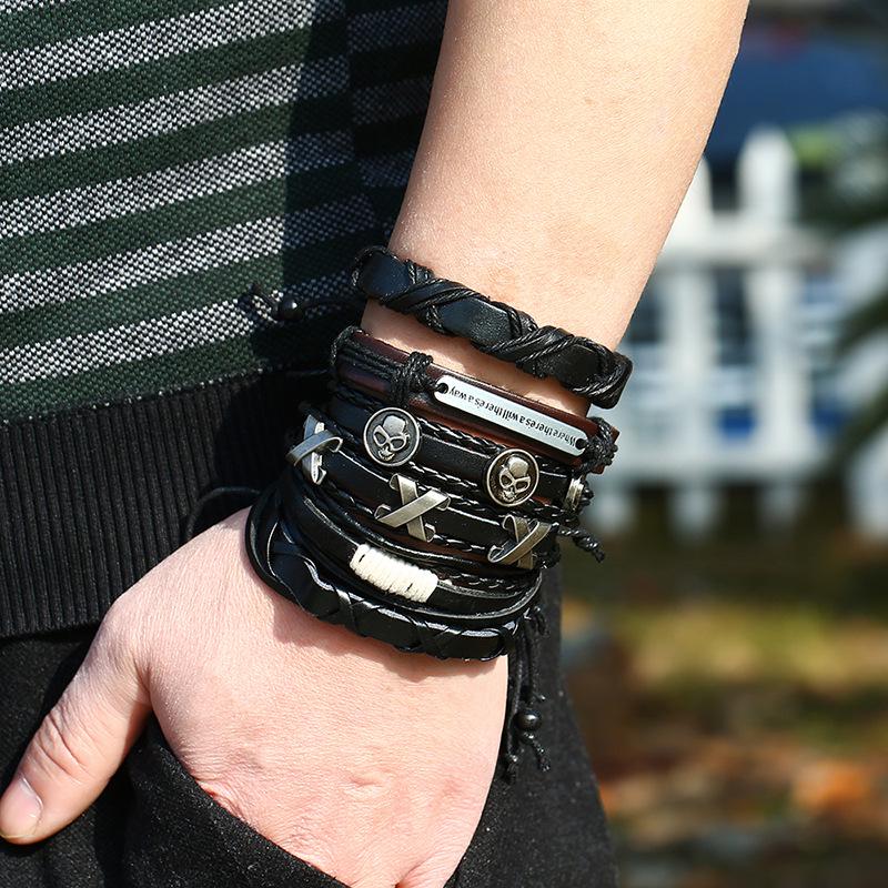Handmade Metal Letter Cross Skull Bracelets Sets Multilayer Leather Bracelet for Men Women