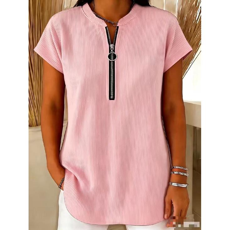 Summer New Casual Fashion Women s Knitted Solid Color Zipper T-Shirt Top S розовый