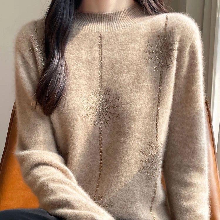 Women Sweater Christmas Style Half High Collar Long Sleeve Autumn Winter Thick Warm Pullovers Knitted Loose Bottoming Shirts Red Jumper