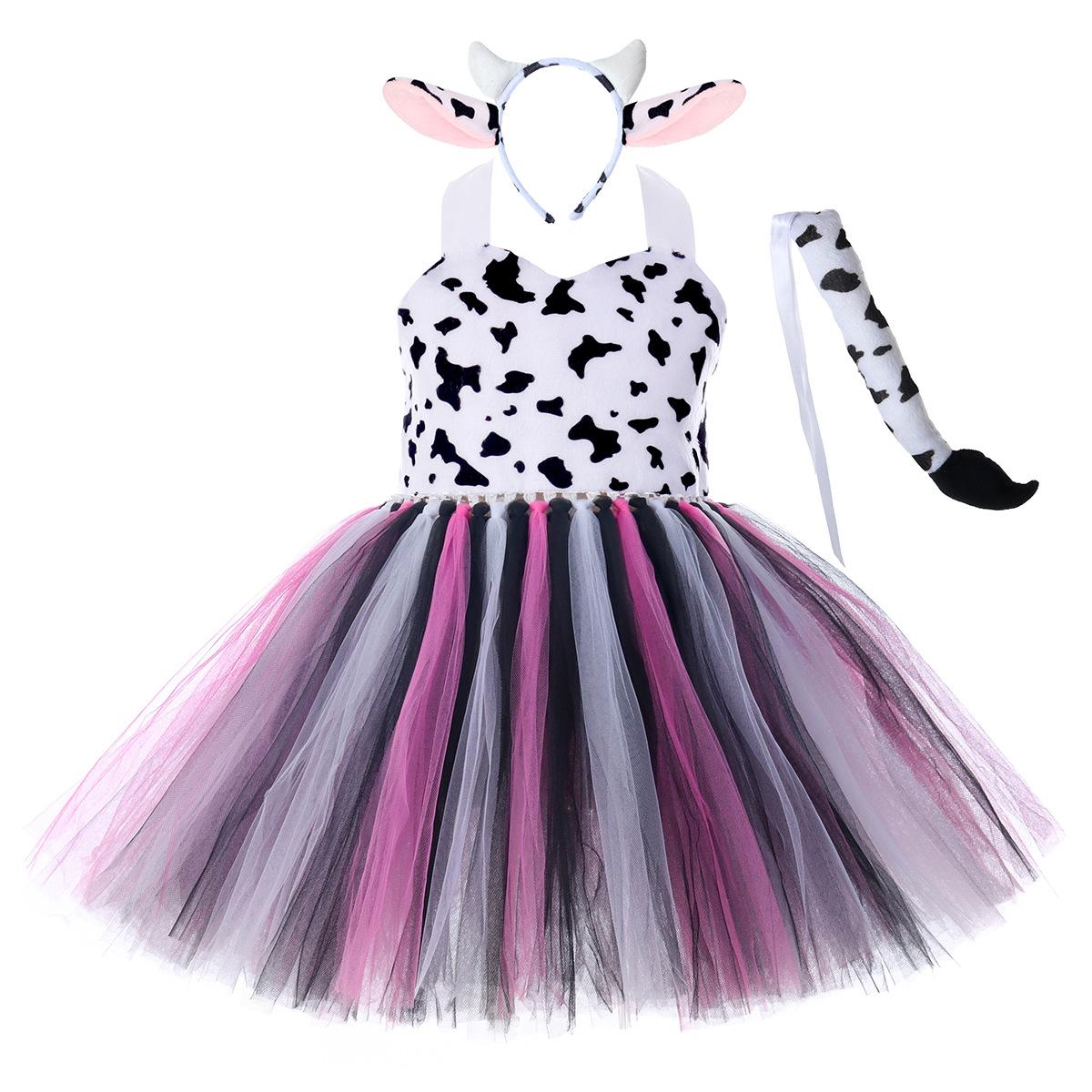 Costume Cosplay Animale di Halloween per Bambine Abito Tutù a Stampa Giraffa Mucche Tigre Leopardo Zebra a Tema Foresta per Bambini Festa di Compleanno XL