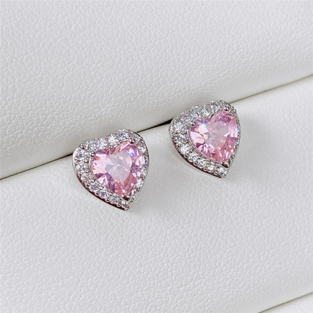 Multicolor Heart Shaped Halo Stud Earrings Rainbow Faceted Center Stone Border Ear Studs for Women Love Themed Daily Jewelry
