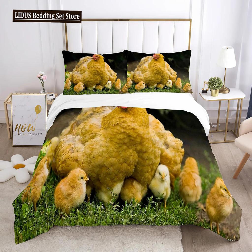 Chicken Duvet Cover King Queen Size Lovely Hen Pattern Bedding Set Kids Teens Adults Farm Animals Soft Polyester Comforter Cover