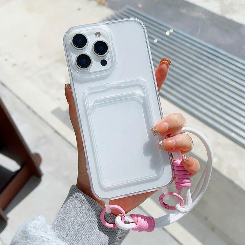 

Ударопрочный прозрачный чехол для карт TPU Soft Phone Case для iPhone 16 Pro 15 14 Plus 13 12 Pro Max 11 Защита линзы с ремешок через плечо Тонкий чехол iPhone 15 розовый/белый