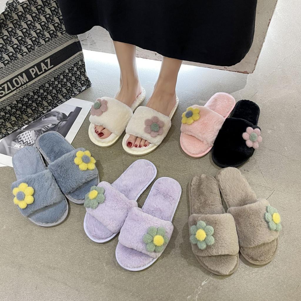 Comfortable indoor non-slip cotton slippers cute flower fluffy slippers outer wear 2025 autumn and winter new home