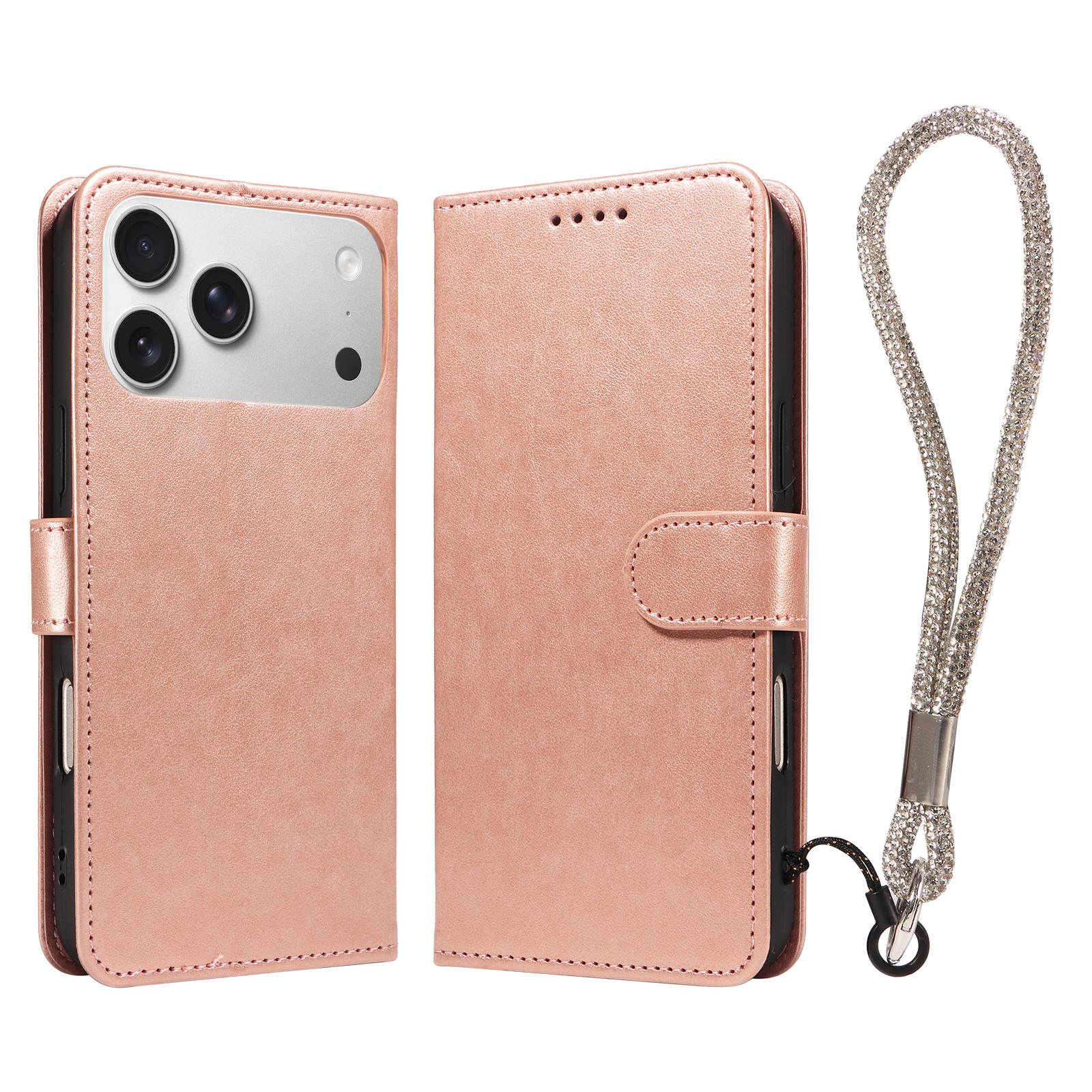 

Leather Phone Case for IPhone 17 16 15 14 13 12 11 with Wrist Strap Scratch-Resistant Shockproof Wallet-Style Protective Case iPhone 13 розового золота