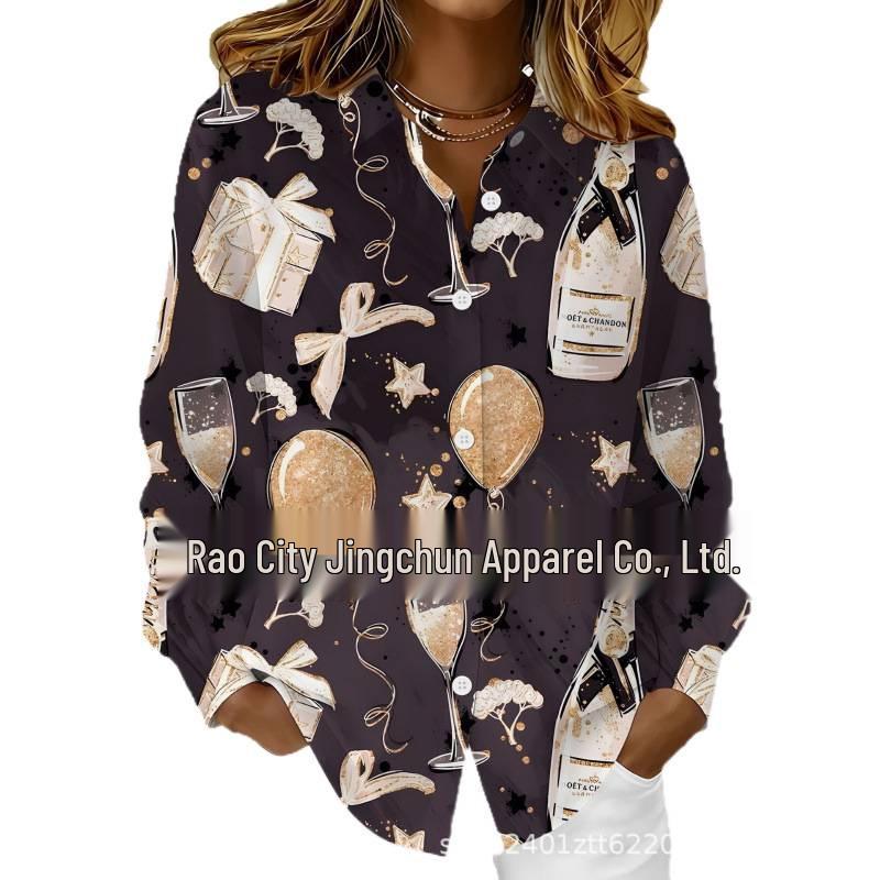 Valentine s Day Red Wine Print Long Sleeve Women s Shirt 3X-Large