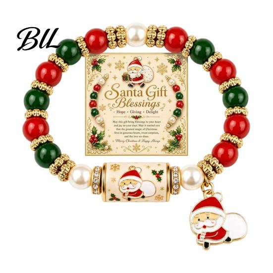 Reindeer Theme Bracelet Christmas Bracelets for Women, Beaded Charm Stretch with Winter Holiday Jewelry Gift Card, Stocking Stuffers, Party Accessory