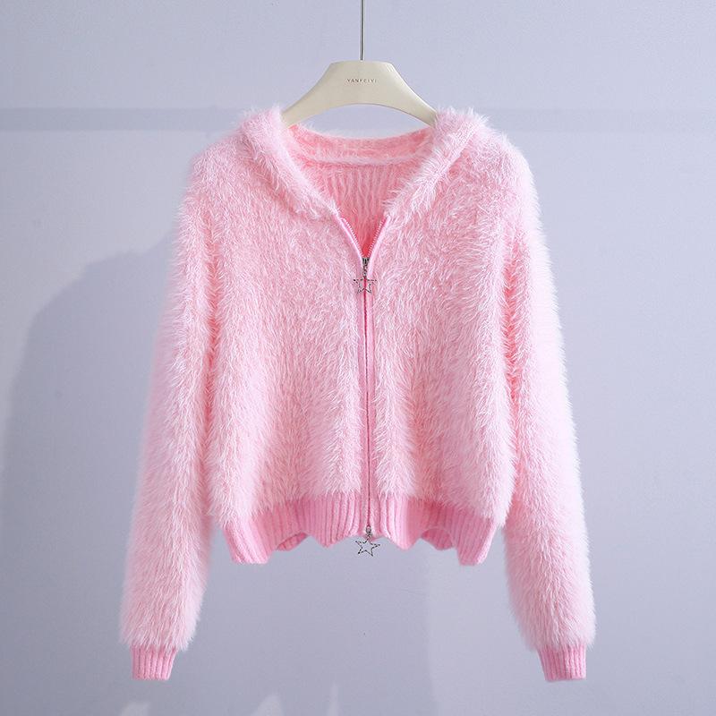 The New Hooded Sweater Jacket for Women's Autumn and Winter Is Loose, with A Double-breasted Zipper and A Thick Knitted Cardigan