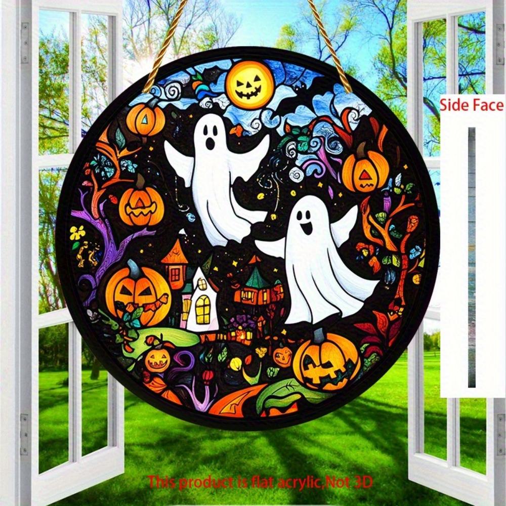 2D Flach Gruseliger Geist und Kürbis Acryl Halloween Sonnenfänger - 2D flaches Design mit kreisförmigen Hängedekorationen für Fenster, Veranden, Terrassen, Garten
