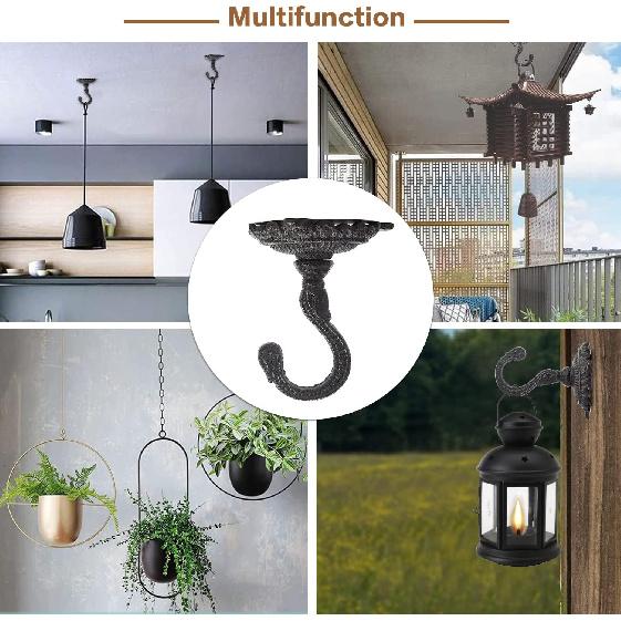 Sungmor Heavy Duty Ceiling Hooks for Hanging Plants, 2PC Black 3.5x3.9Inch Large Cast Iron Ceiling Hooks, Antique Decorative Ceiling Swag Hooks for