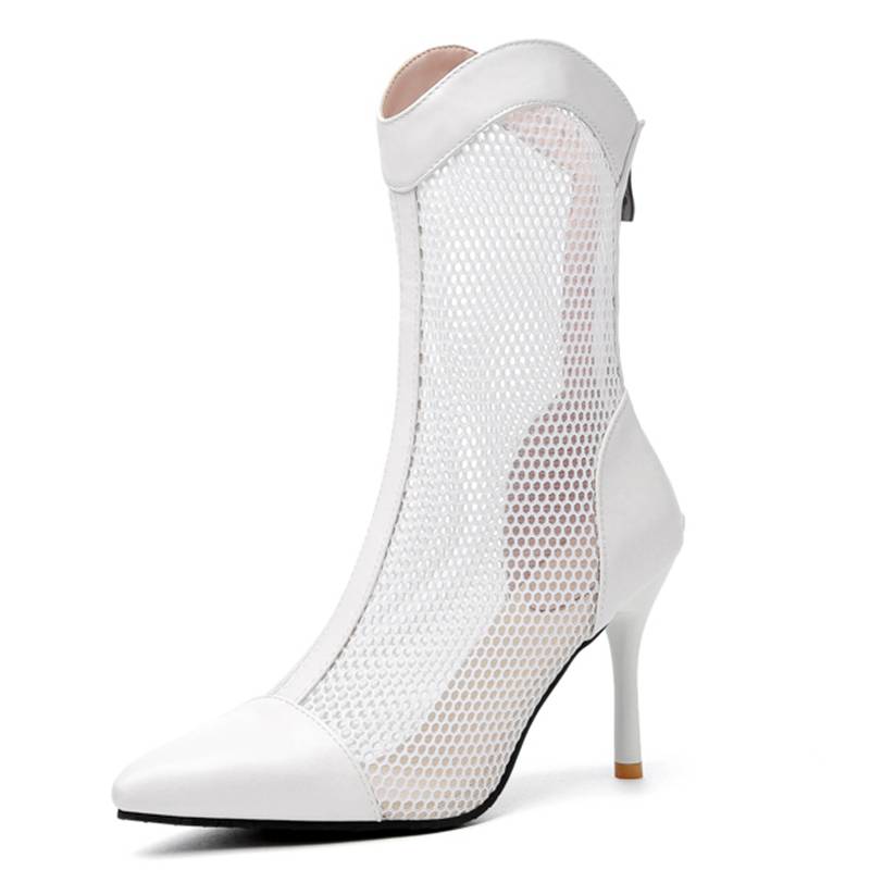 

Брендовая обувь Женские летние ботильоны Острый носок Тонкий каблук Дышащая сетка Вставка Модные ботильоны Размер 44 45 39 белый