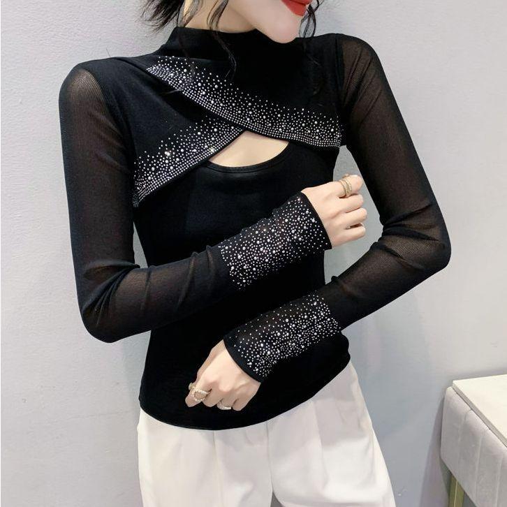 Spring Autumn New Fashion Hot Diamond Mesh T-shirt Women's Long Sleeve Hollow Top Solid Color Half High Neck Bottoming Shirt